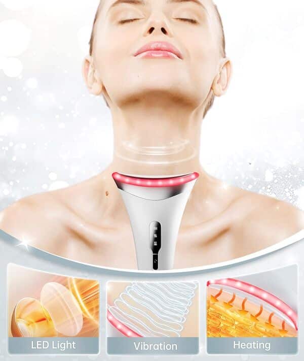 Dopsikn Thérapie par lumière rouge pour le visage et le cou, masseur facial 7 couleurs avec vibration réglable et thermiques pour les rides, double menton, outil de soins de la peau portable avec base