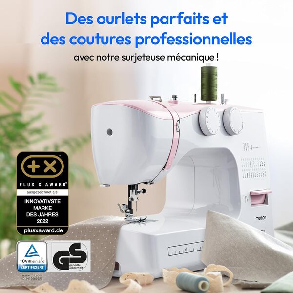 MEDION Machine à coudre bras libre SM60 (60 watts, 60 modèles de points différents avec boutonnières, lumière de couture LED, enfileur automatique, bouton de marche arrière, coupe-fil, MD10689) rose